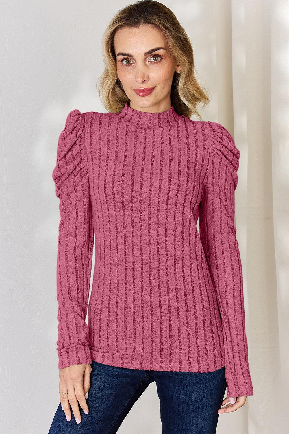 Basic Bae Full Size Ribbed Mock Neck Puff Sleeve T-Shirt Pink