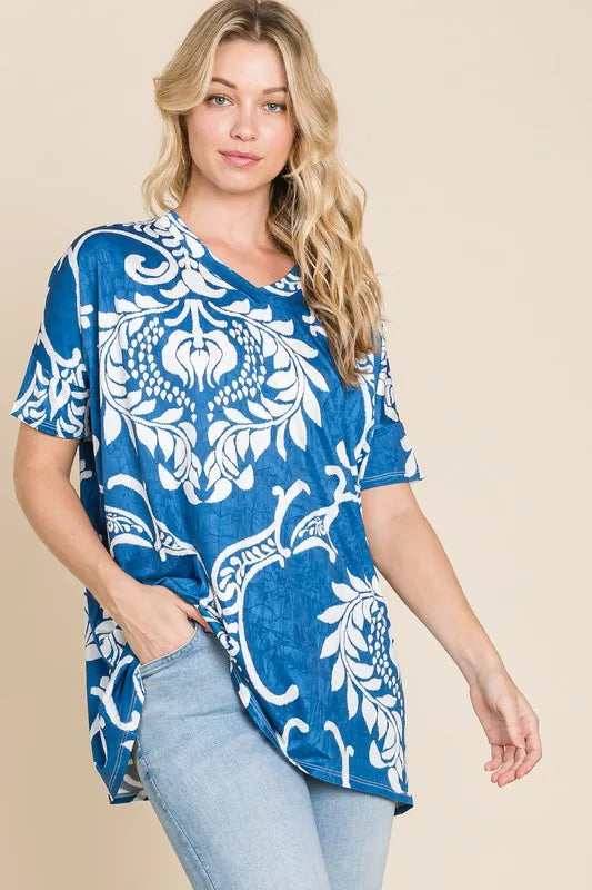 BOMBOM Printed Relaxed V-Neck Tunic Top Blue