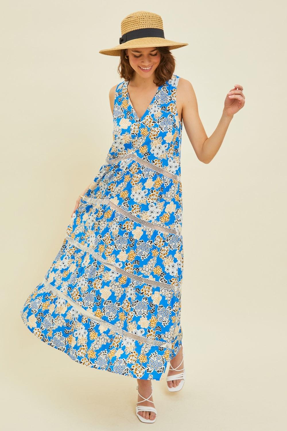 HEYSON Full Size Printed Crochet Trim Maxi Dress Pool Blue