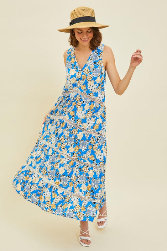 HEYSON Full Size Printed Crochet Trim Maxi Dress Pool Blue
