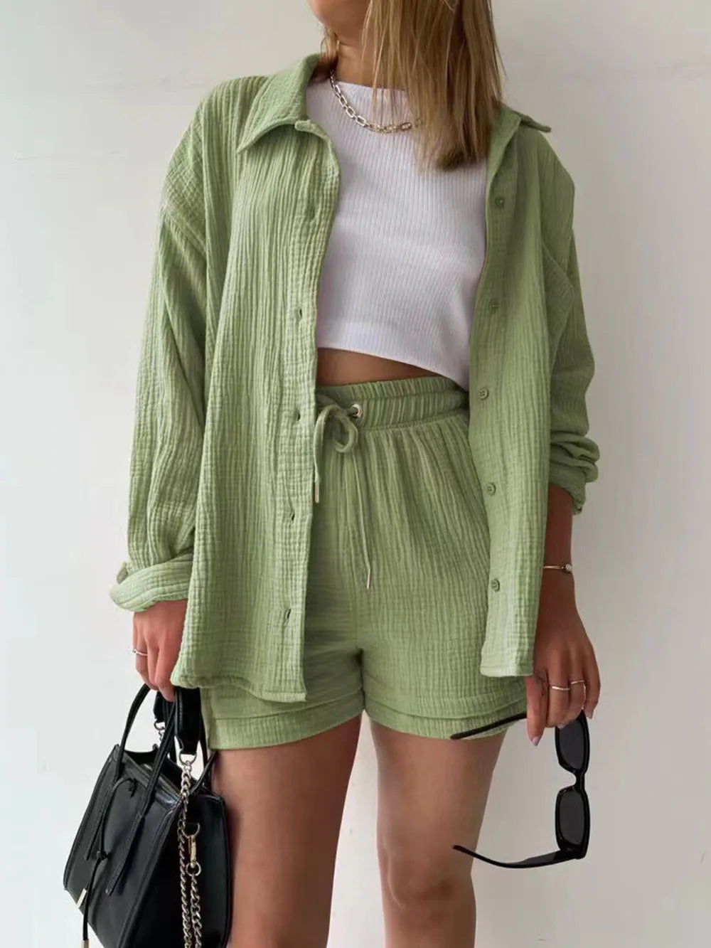 Texture Button Up Shirt and Drawstring Shorts Set Sage