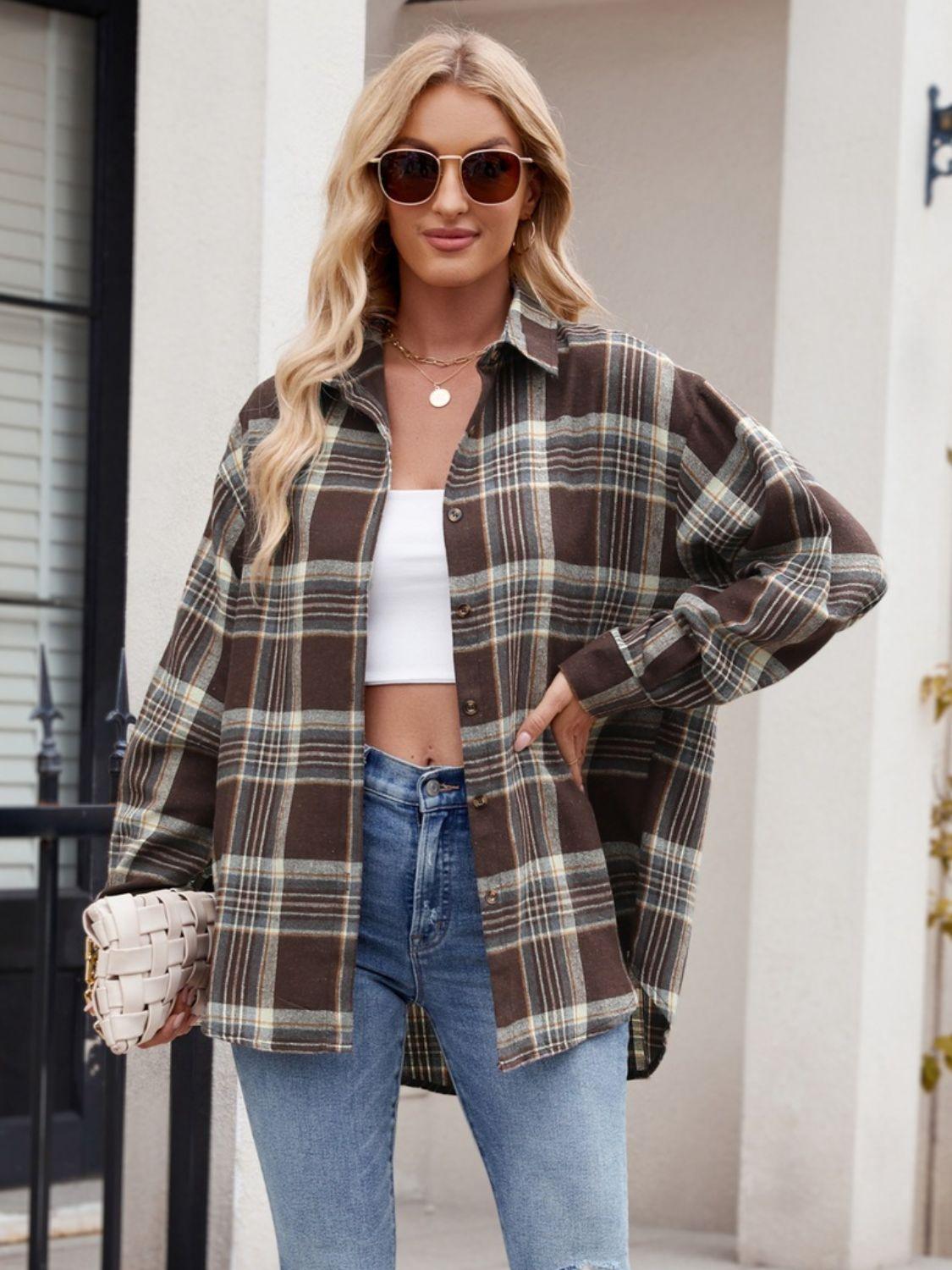 Mandy Pocketed Plaid Collared Neck Long Sleeve Shirt Chocolate