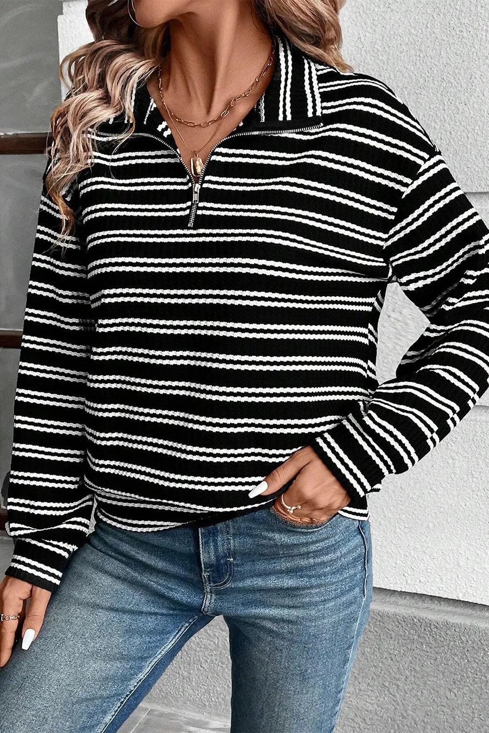 Striped Half Zip Long Sleeve Top Black
