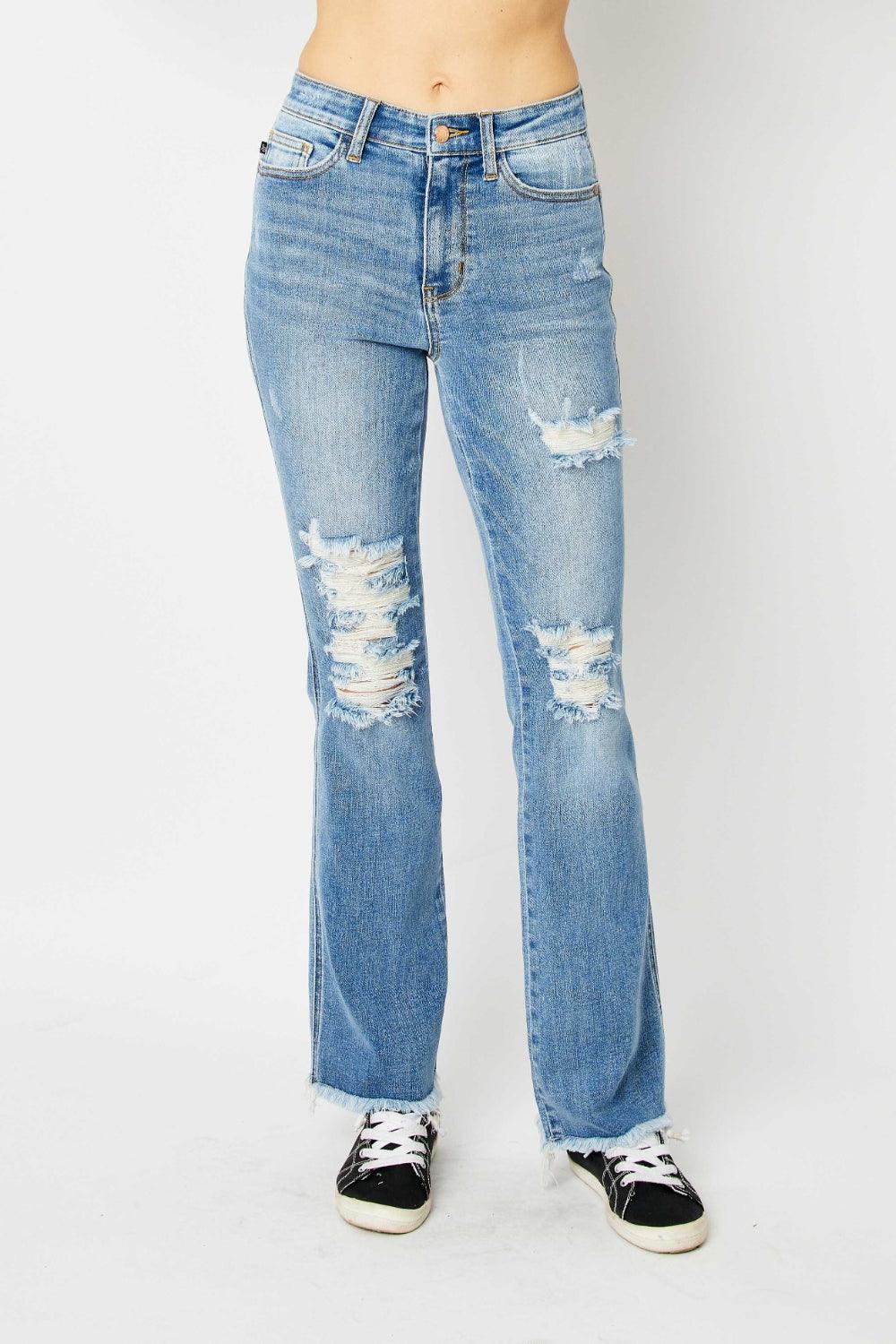Judy Blue Full Size Distressed Raw Hem Bootcut Jeans Medium