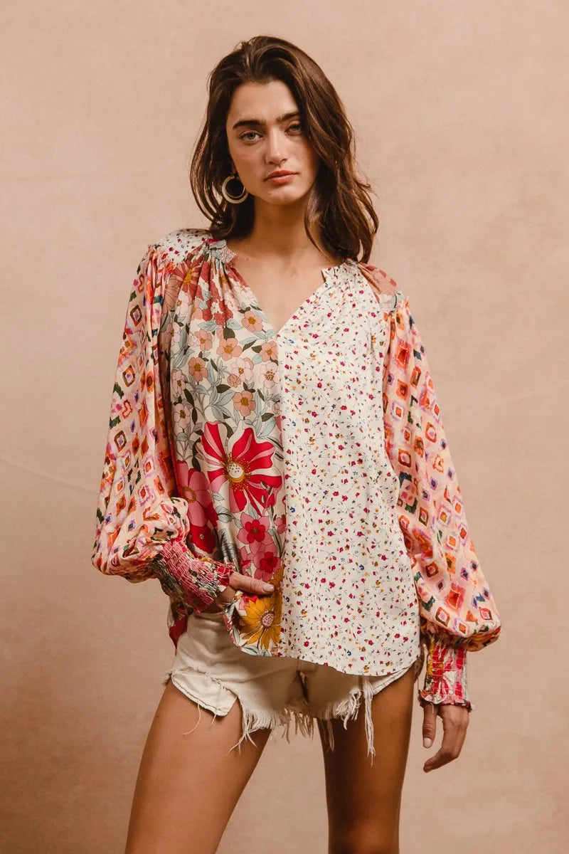 BiBi Floral Print Mix And Match Long Sleeve Peasant Top