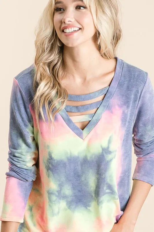 BiBi Tie Dye French Terry V-Neck Top with Strapped CHARCOAL TIE DYE