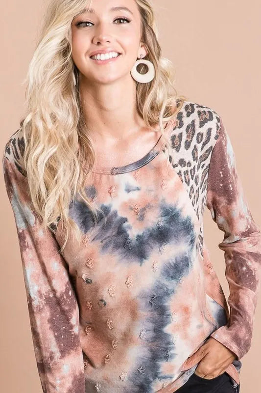 BiBi Tie Dye Distressed Knit Top with Leopard Shoulder