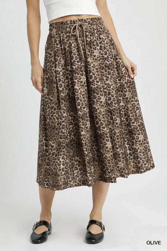 Umgee Drawstring Leopard Midi Skirt OLIVE