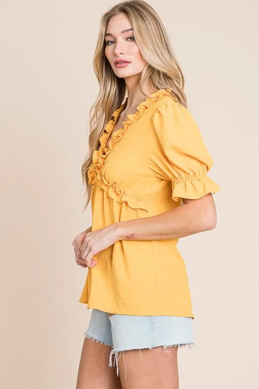 Lime 'N' Chili Solid Ruffled Deep V-Neck Puff Sleeve Babydoll Top