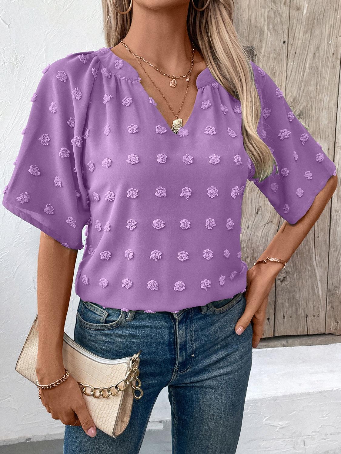 Ivy Lane Swiss Dot Notched Half Sleeve Blouse Heliotrope Purple