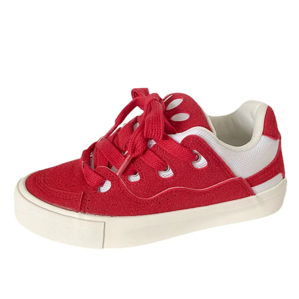 Contrast Lace Up Round Toe Flats Sneakers Red
