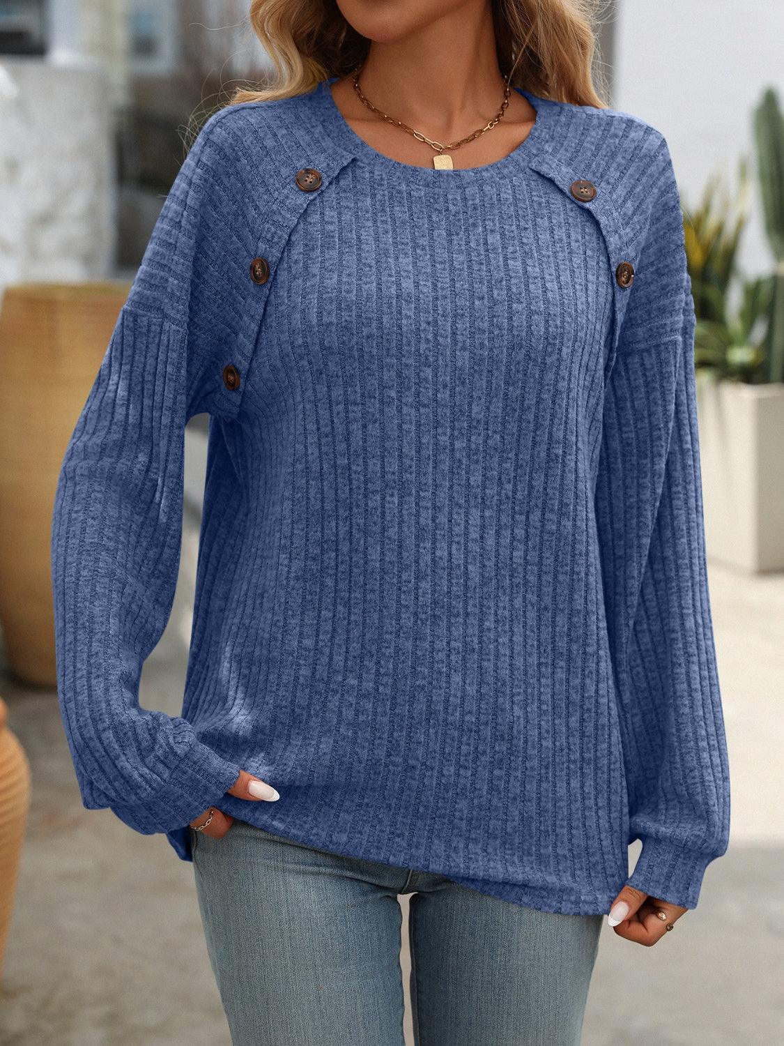 Mandy Decor Button Long Sleeve Ribbed T-Shirt Dusty Blue