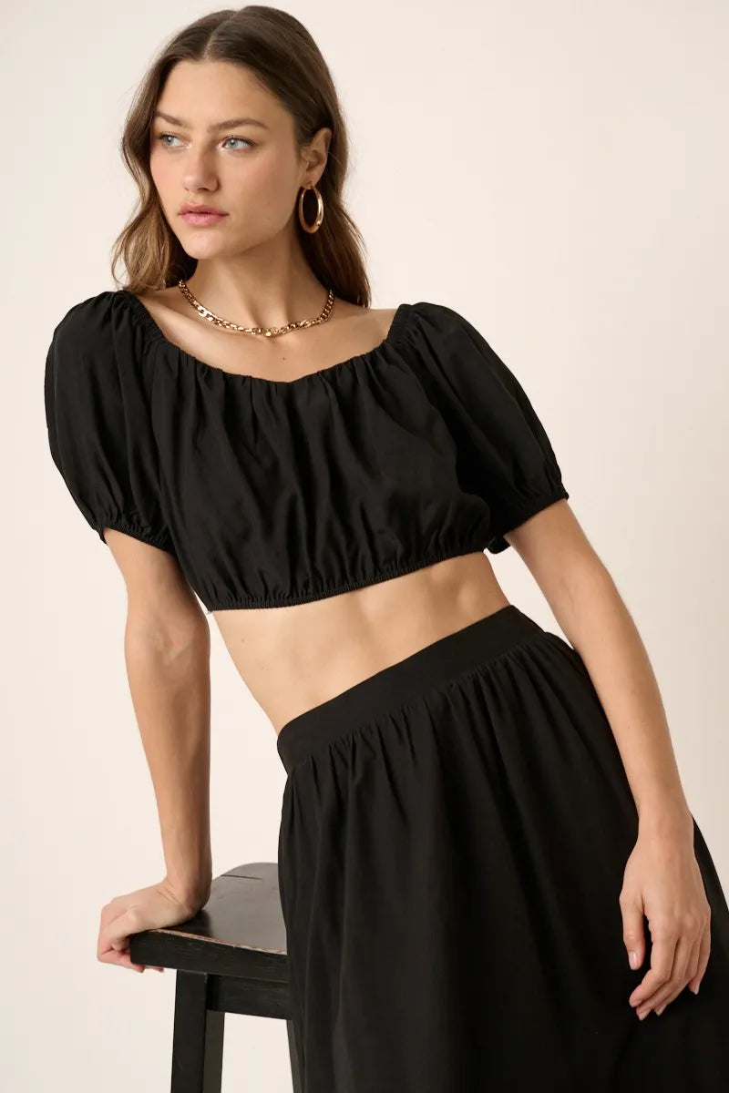 Mittoshop Cropped Puff Sleeve Blouse and Midi Skirt Set BLACK