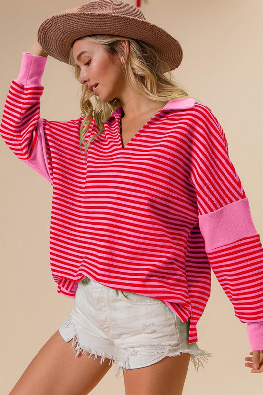 BiBi Striped Contrast Long Sleeve Knit Top Pink