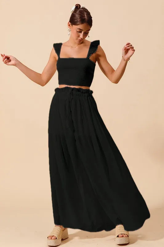 SO ME Smocked Top and Flowy Maxi Skirt Set BLACK