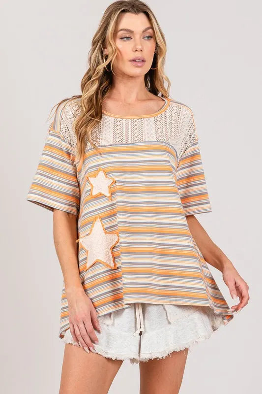 SAGE+FIG Accent Striped with Star Applique T-Shirt
