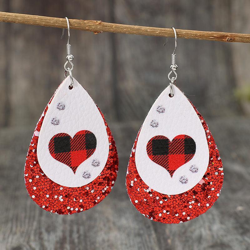 Heart Sequin Leather Teardrop Earrings Red One Size