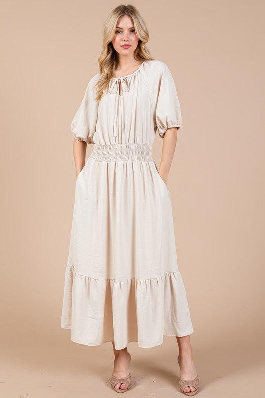 Ces Femme Smocked Elastic Waist Tie Neck Puff Sleeve Dress Sand
