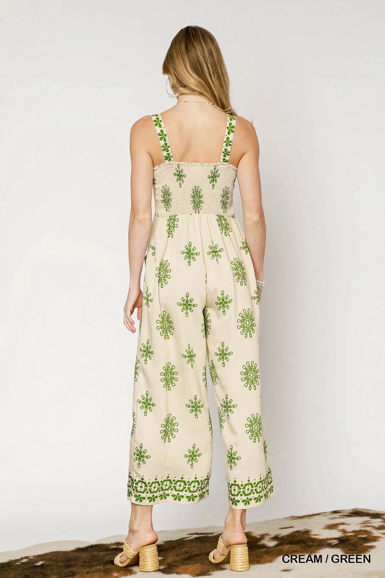 Umgee Smocked Printed Wide Leg Jumpsuit