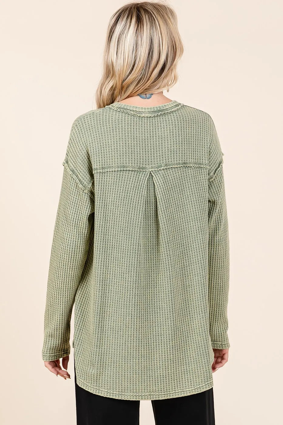 Mittoshop Mineral Wash Waffle Knit V-Neck Long Sleeve Top