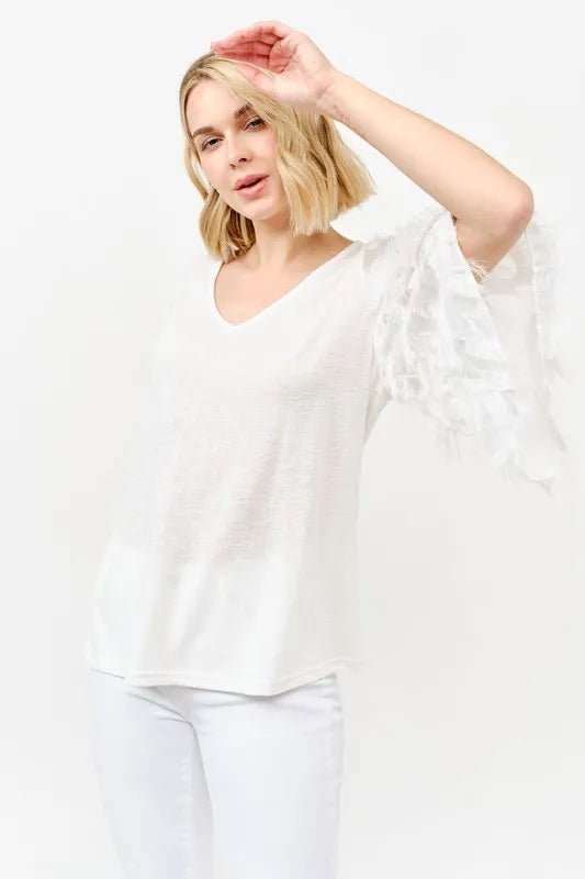And The Why Feather Detailed 3/4 Sleeve Slub Top