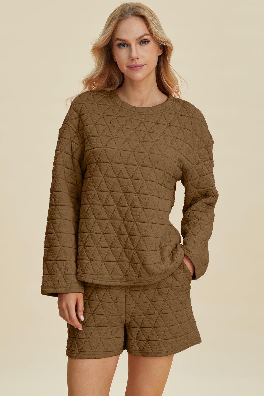 Double Take Full Size Texture Round Neck Long Sleeve Top and Shorts Set Coffee Brown