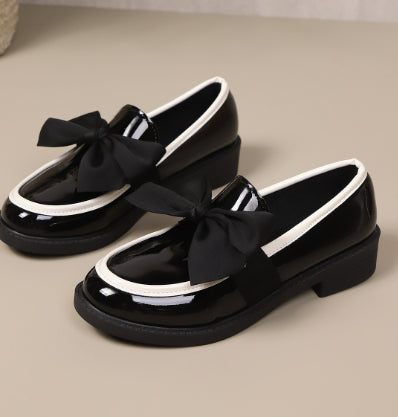 Women's Bow Tie Chunky Heel Pumps - Slip-On Round Toe Loafers