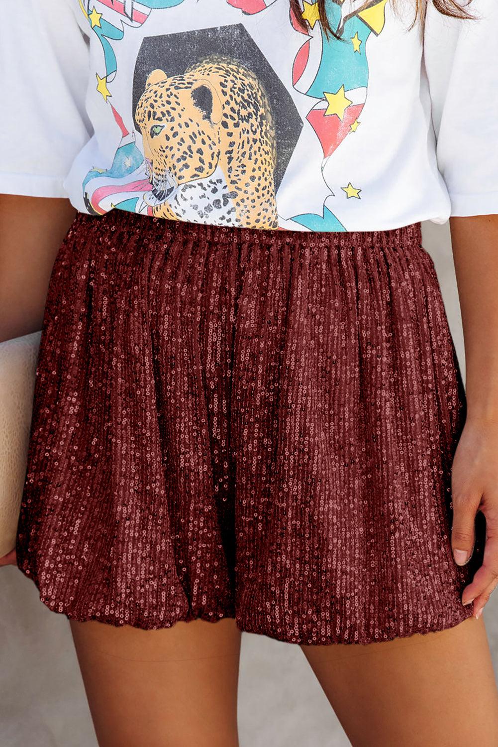 Sequin Elastic Waist Shorts Dark Brown