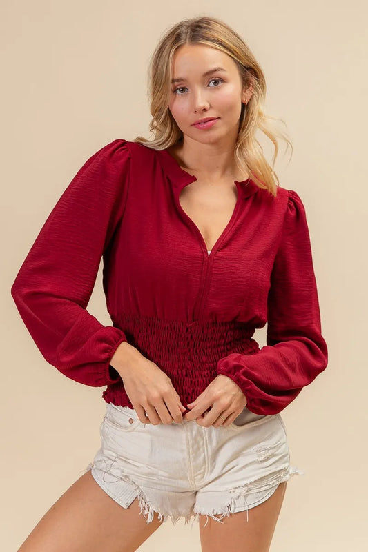 BiBi Smoking Waist Band and Puff Sleeves Deep V Neck Top