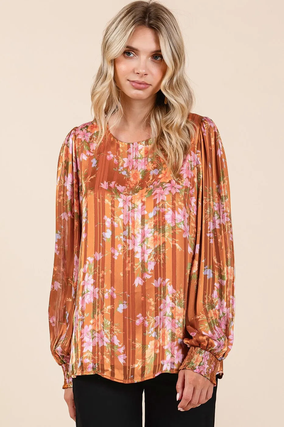 Mittoshop Satin Gold Lurex Striped Long Sleeve Chiffon Top