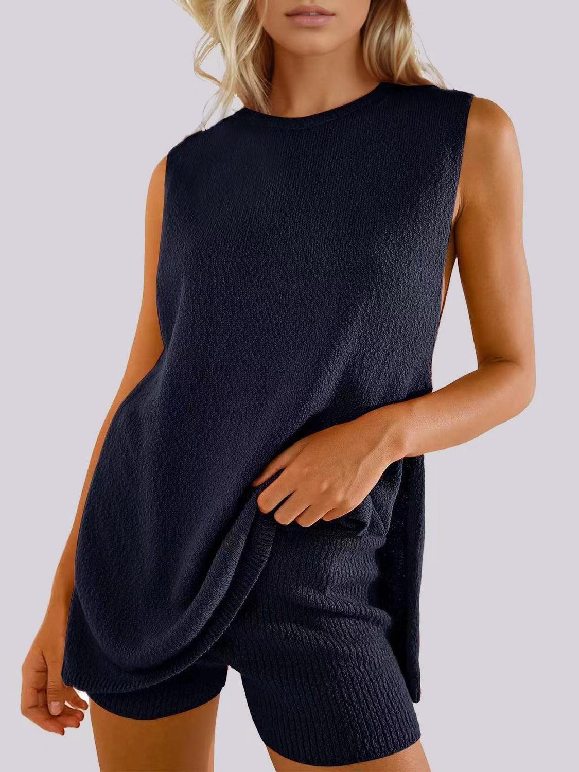 Mandy Side Slit Round Neck Tank and Shorts Sweater Set Dark Blue