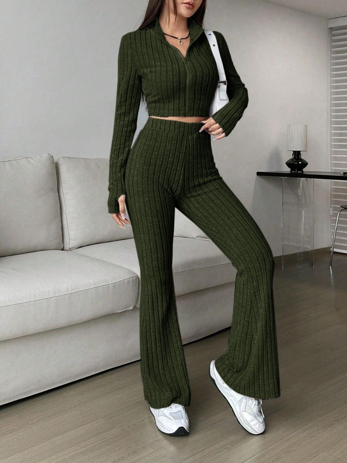 Honey Zip Up Long Sleeve Top and Pants Set Army Green