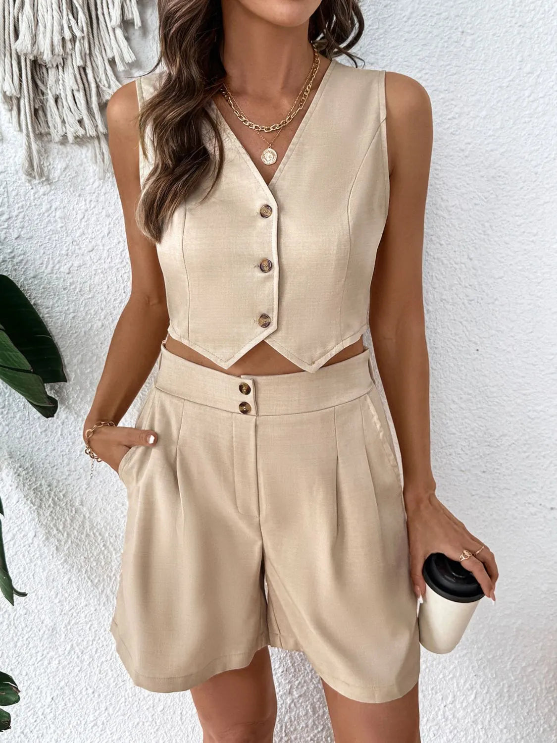 V-Neck Vest and Shorts Set Tan