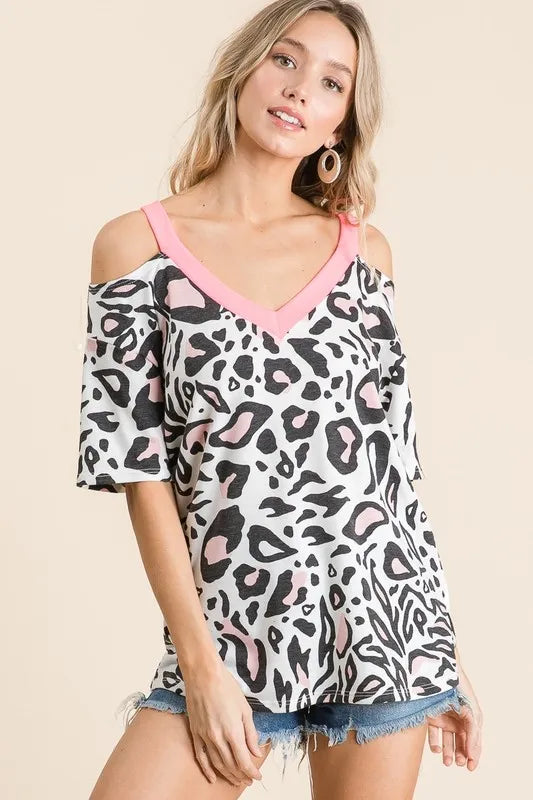 BiBi Leopard Print Top with Shoulder Cut Out