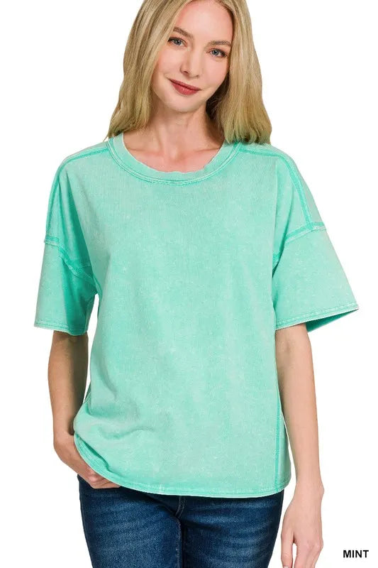 Zenana Acid Washed Short Sleeve Tee & Shorts Set