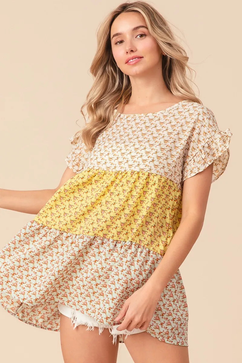 BiBi Flroal Printed Woven Color Block and Tiered Top