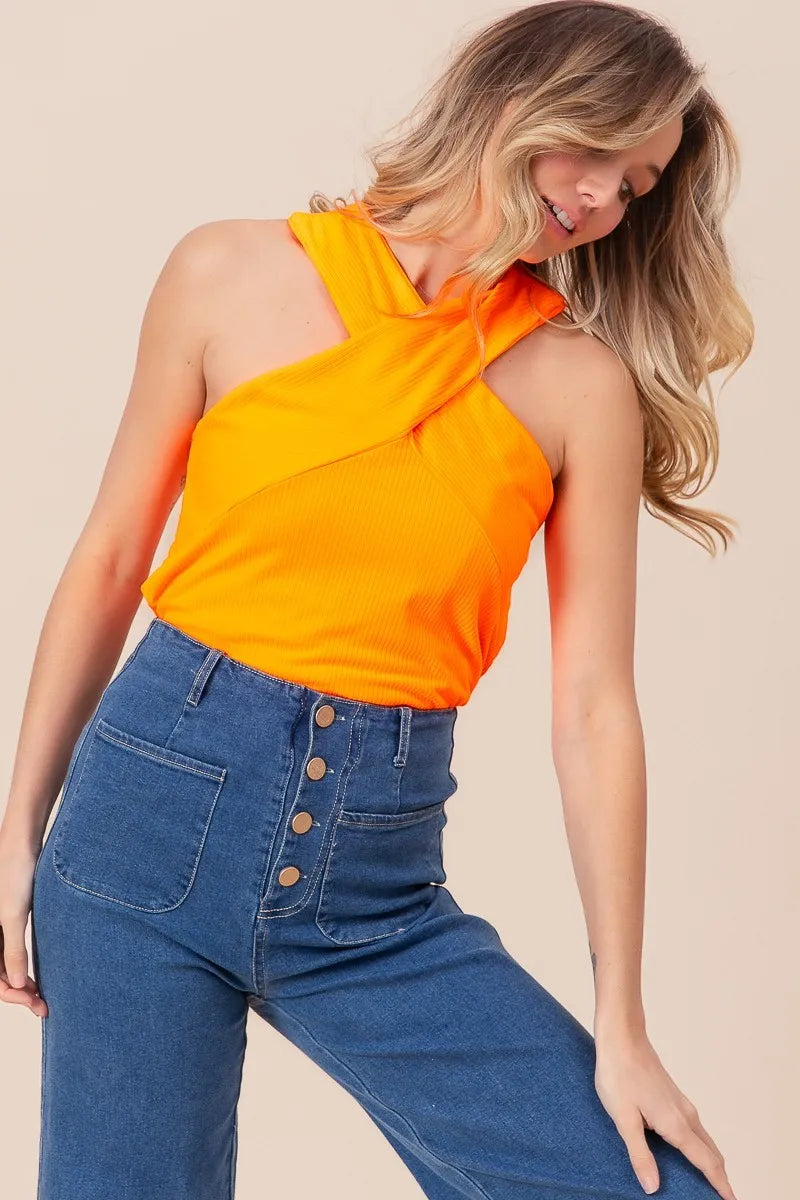 BiBi Rib Knit Cross Neck Banded Top