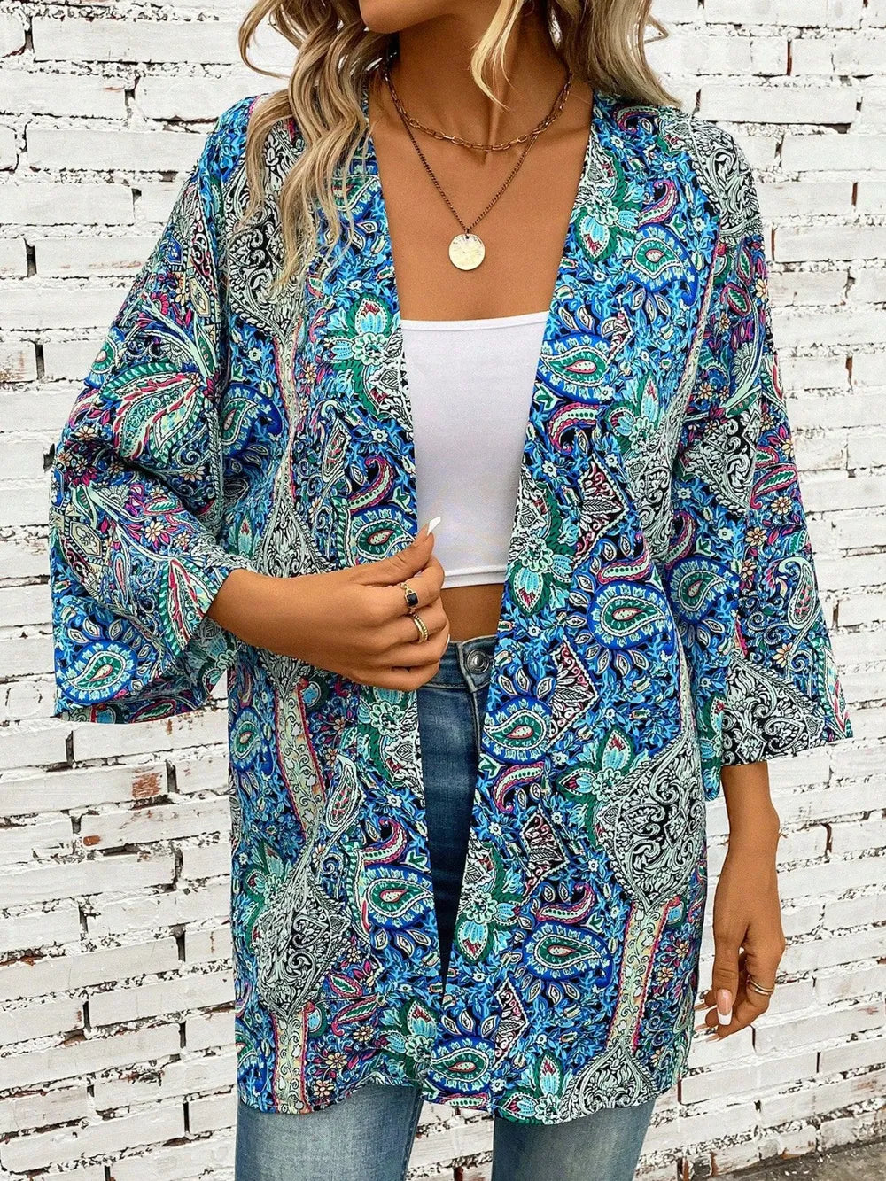 Printed Open Front Three-Quarter Sleeve Cover Up Teal One Size
