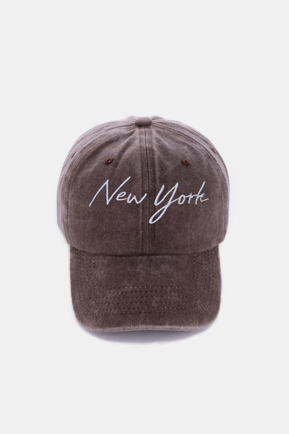 Zenana Washed Embroidered City Baseball Cap New York Brown One Size