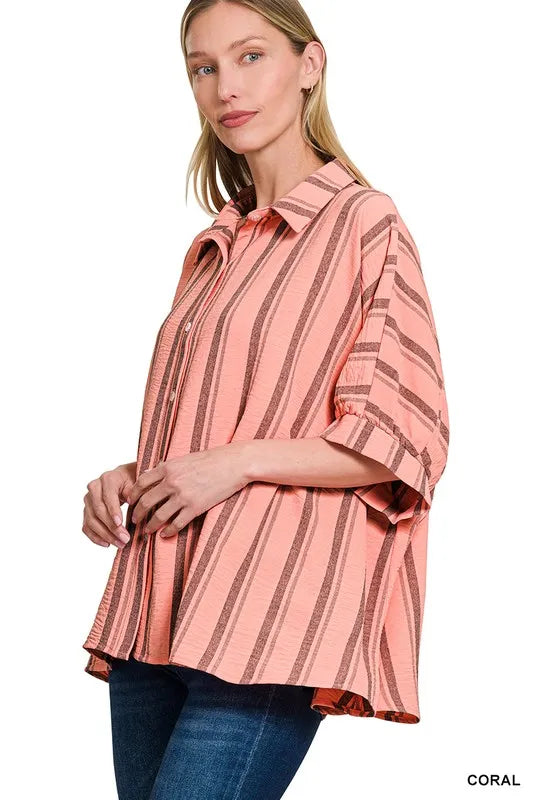 Zenana Woven Yarn-Dye Stripe Oversized Button Down Shirt
