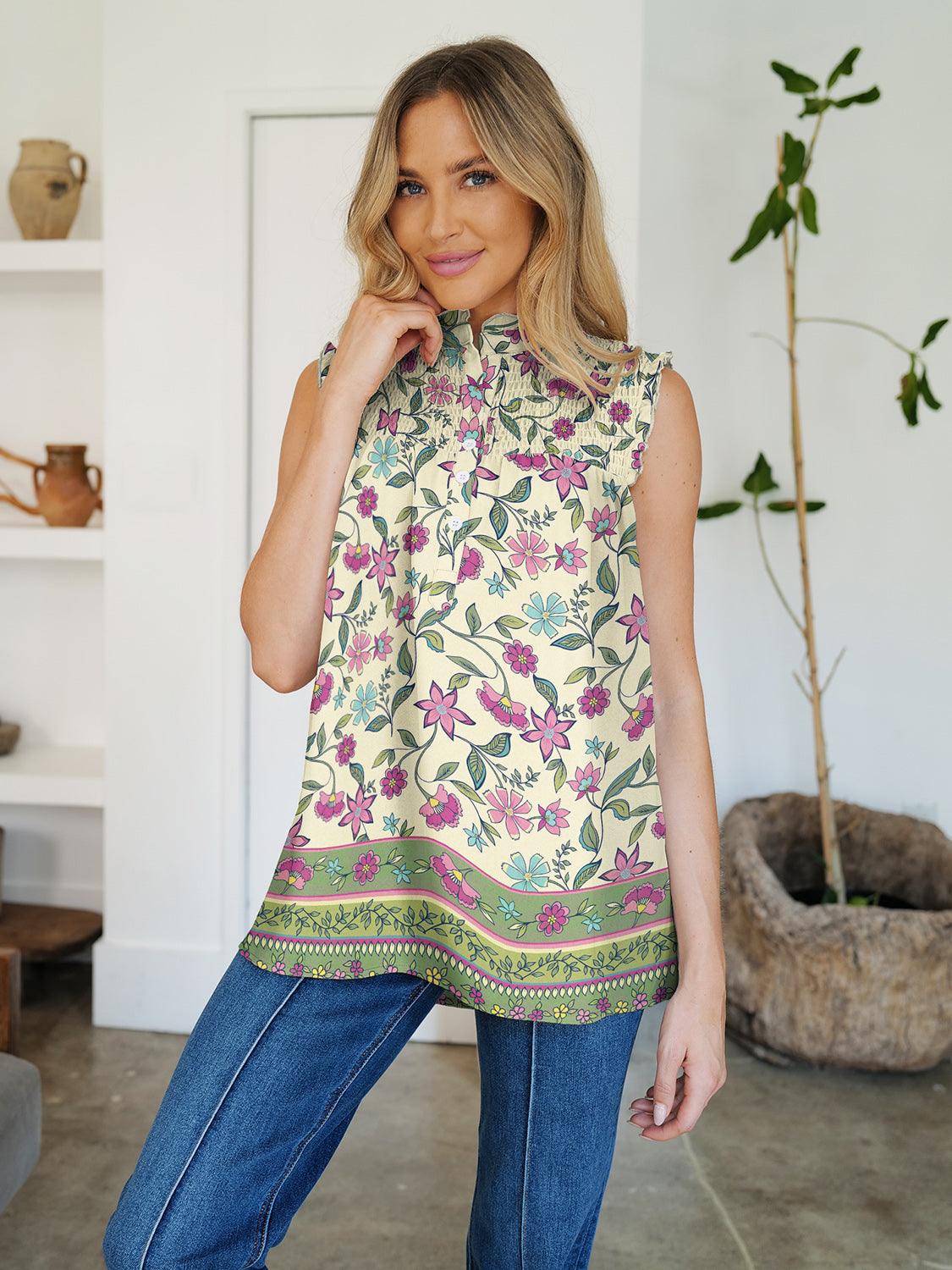 FAM-FAM Frill Printed Mock Neck Top Pastel Yellow