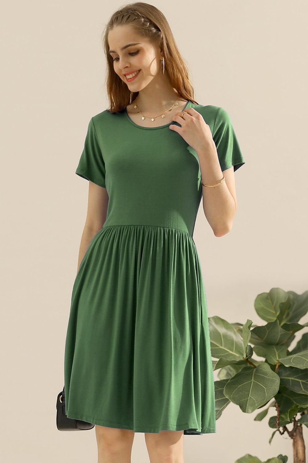 Ninexis Full Size Round Neck Ruched Dress with Pockets OLIVE