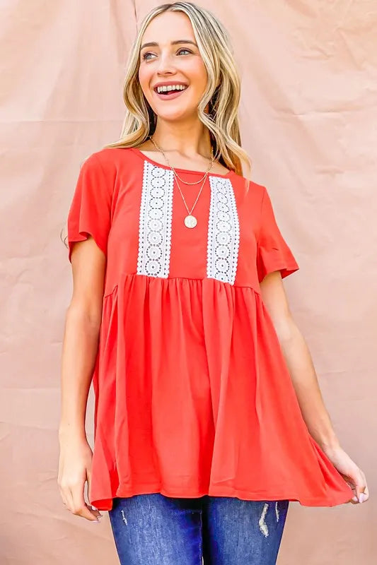 And The Why Lace Detail Short Sleeve Casual Top CORAL
