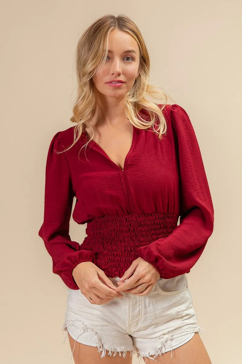 BiBi Smoking Waist Band and Puff Sleeves Deep V Neck Top