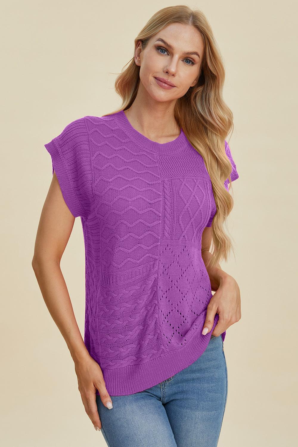 Double Take Full Size Cable-Knit Round Neck Cap Sleeve Sweater Purple