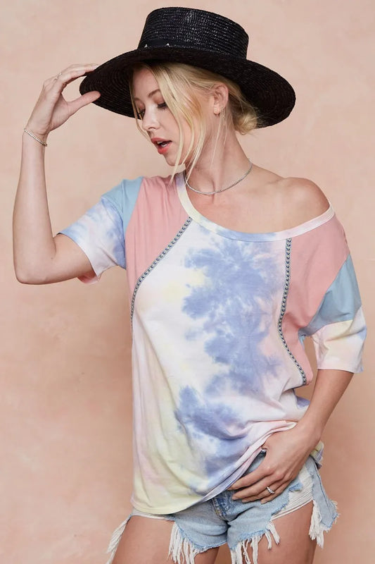 BiBi Tie Dye Printed Cotton Color Block T-Shirt