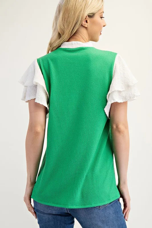 Celeste Full Size Solid Color Top with Ruffle Layered Sleeves Plus Size