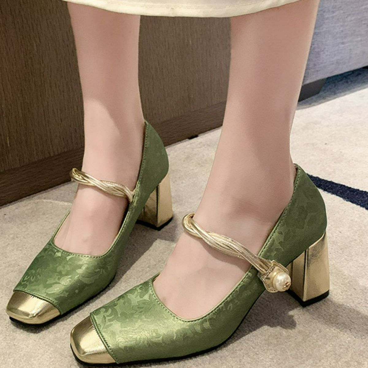 Square Toe Block Heels Pumps Matcha Green