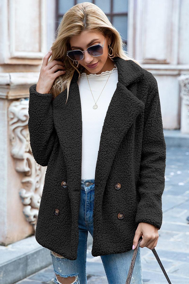 Ivy Lane Full Size Lapel Collar Sherpa Coat Black