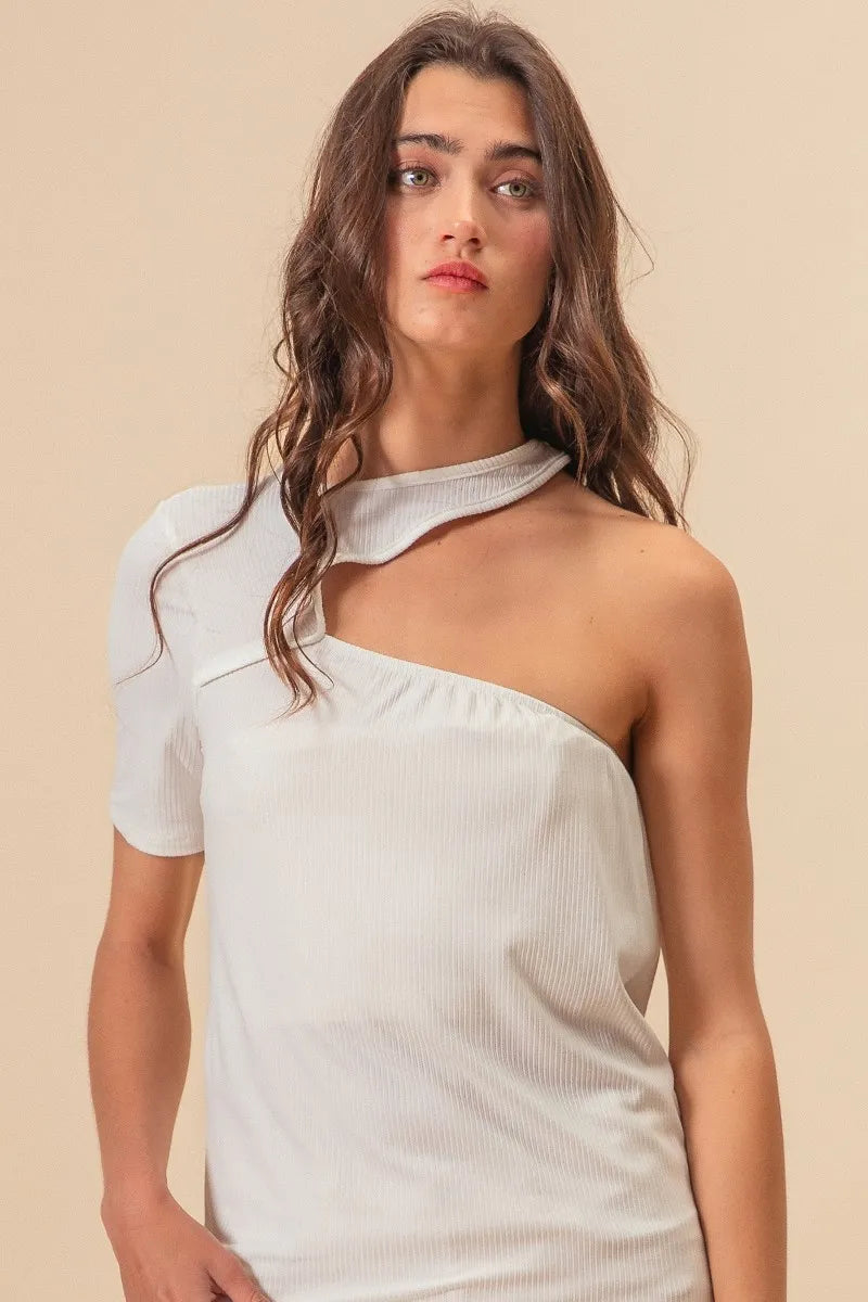 BiBi Soft Rib Knit with Cut Out One Shoulder Top